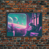 Vaporwave Aesthetic Scifi Art, In Transit, Astronaut riding the space train, framed canvas print