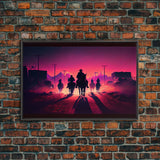 Retro Synthwave Style Post-Apocalyptic Cowboys, framed canvas print, retro outrun style wild west art