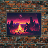 Valley Canyon Man Campfire Guitar Landscape Magenta Fine Art Print, Wall Art Print, Wall Poster, Wall Décor