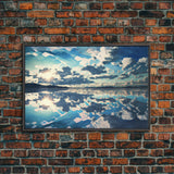 Reflections in Ice, Framed canvas print, unique farmhouse wall art, blue and white tones