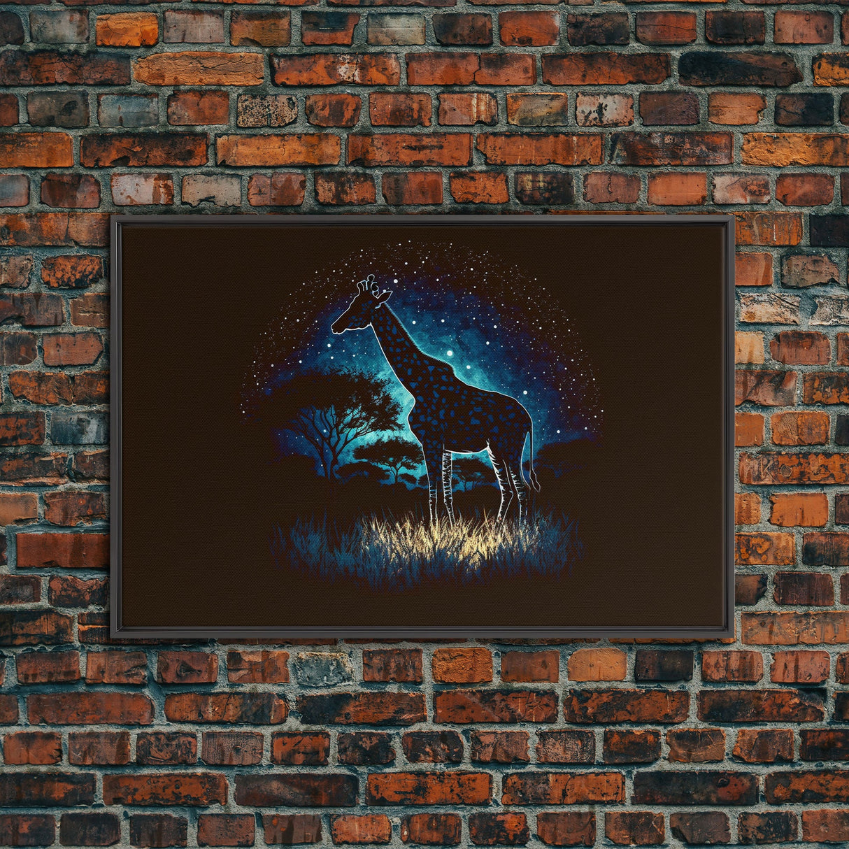 Starry Night over Africa, Giraffe Print, Framed Canvas Art, Galaxy Night Sky, Mancave decor