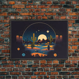 Retro Art Deco Style Pueblo Desert Art, Cactus Desert Landscape under a Full Moon, Framed Canvas Print, Cute Western Decor