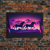 Zebras running through the plains, synthwave art, framed canvas print, framed wall art