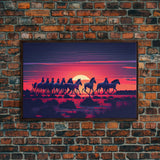 Herd of wild zebra against a beautiful African sunset, framed canvas print