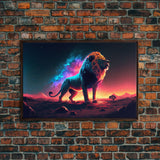 Cosmic roar watercolor, Lion staring at the stars over Africa, framed canvas print, unique vibrant wall art