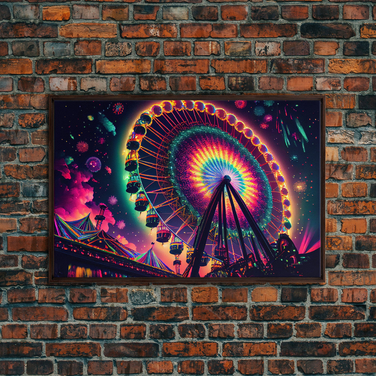Colorful boardwalk art, neon lit night time ferris wheel, framed canvas print, framed wall art