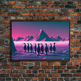 Penguins on the nice, cute animal prints, framed canvas print, synthwave / vaporwave art