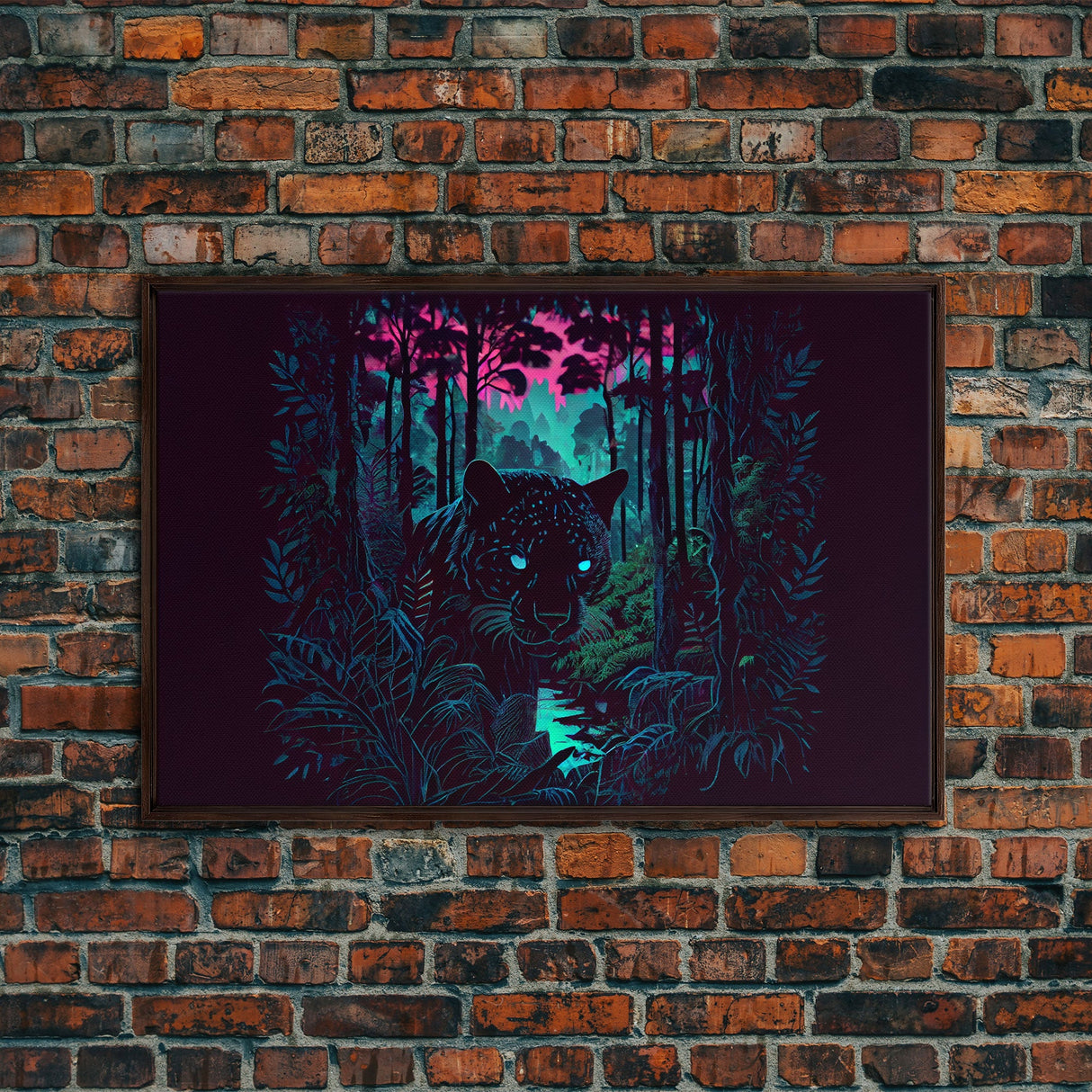 Panther in the jungle, framed canvas print, synthwave / vaporwave art