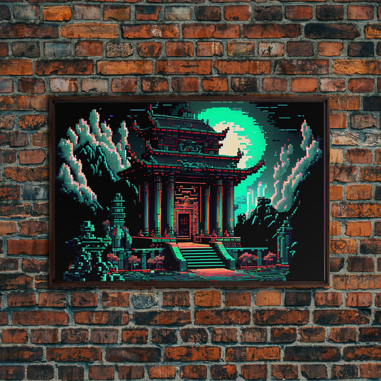 Japanese Pagoda pixel art, cyberpunk style pagoda, framed canvas print