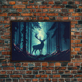 Mythical stag in the forest, fantasy art, framed canvas print, mythical creatures