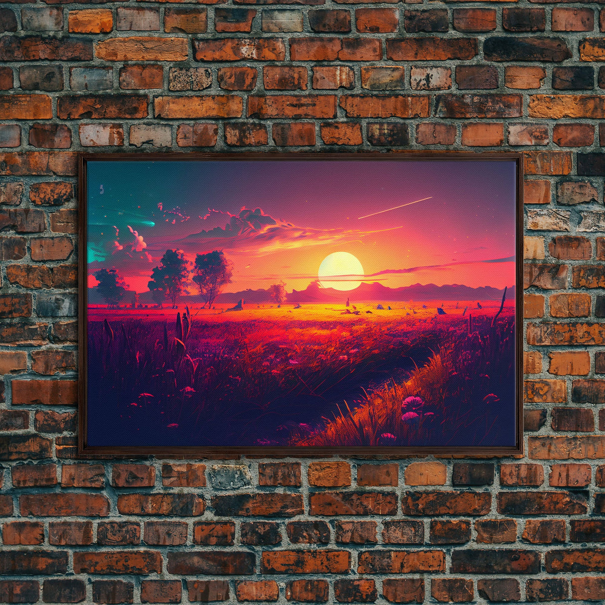 Watercolor of a beautiful sunset over a vibrant field of flowers, framed canvas print, framed art