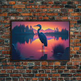A stork standing in a calm lake at sunset, framed canvas print