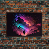 Contemplating the Universe, retro style space art, framed canvas print, synthwave space decor