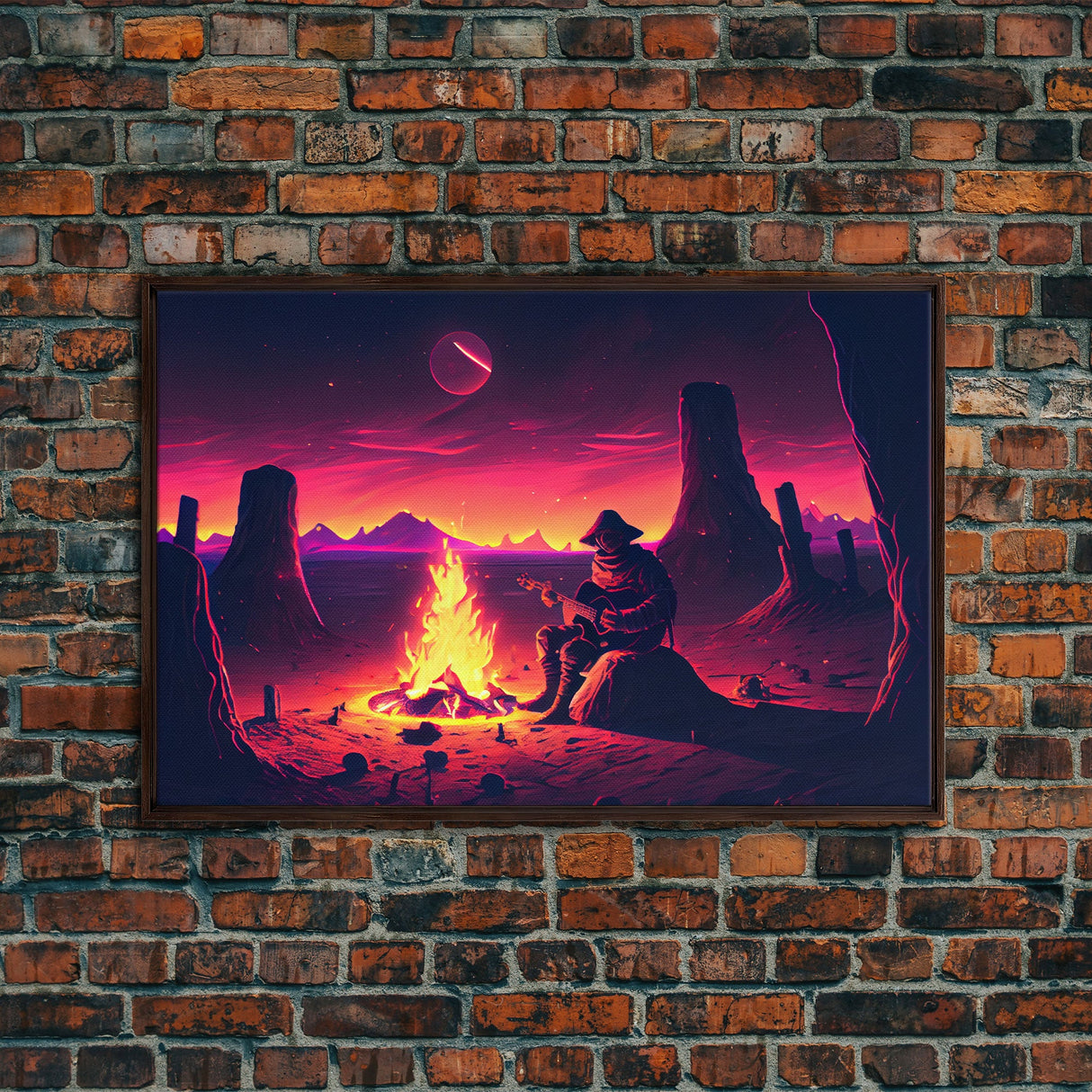 Valley Canyon Man Campfire Guitar Landscape Magenta Fine Art Print, Wall Art Print, Wall Poster, Wall Décor
