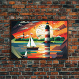 Sailboat and Lighthouse | WPAP Art Style Painting Print | Framed Canvas Print | Colorful Minimalist Art | Nautical Art | Pop Art