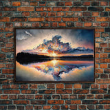 Sunset Reflection over a Lake, framed canvas print, framed wall art, colorful decor, above couch art