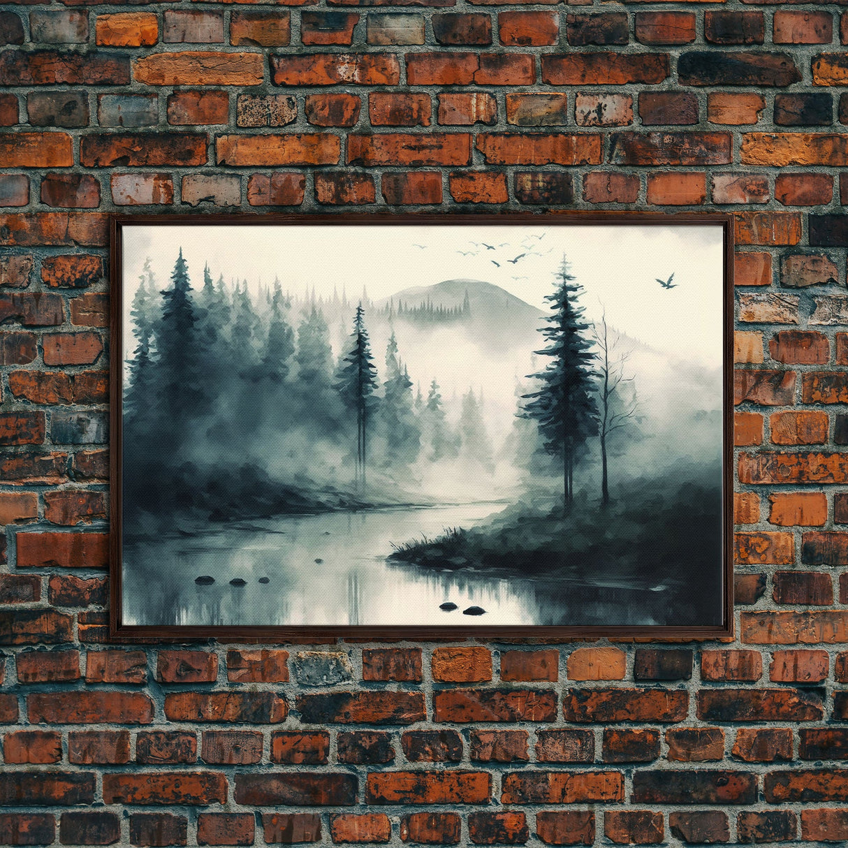 Watercolor of a foggy pine tree forest, framed canvas print, unique wall art, contemporary art, modern art