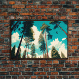 Pine Tree Forest and Blue Skies, Framed Canvas Print, Beautiful Wall Art, Living Room Wall Decor, Pine Cone Tree