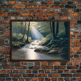 Colorful Watercolor Art, Framed Canvas Print, unique wall art, framed wall art, Landscape watercolor, Beams of Sunlight piercing the canopy