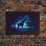 Surreal Giraffe Art, Wildlife Print, Animal Prints, framed canvas print, framed wall art, colorful turquoise night sky