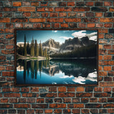 Reflections on a winter lake, watercolor landscape art, framed canvas print, pine tree winter forest