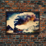 Steampunk Train Watercolor Print, Framed Canvas Art, Wild West 1800s Steam Train, Full Steam Ahead