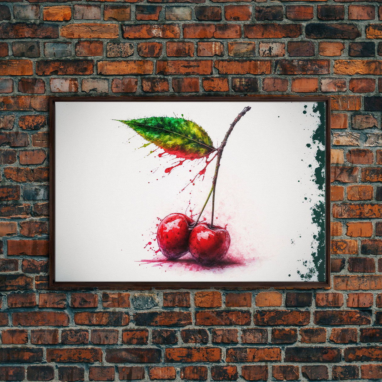 Watercolor Cherry, Still Life Paint Splatter Art, Framed Canvas Print, Fruit Art, Cherries with Stems Watercolor Painting