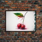Watercolor Cherry, Still Life Paint Splatter Art, Framed Canvas Print, Fruit Art, Cherries with Stems Watercolor Painting