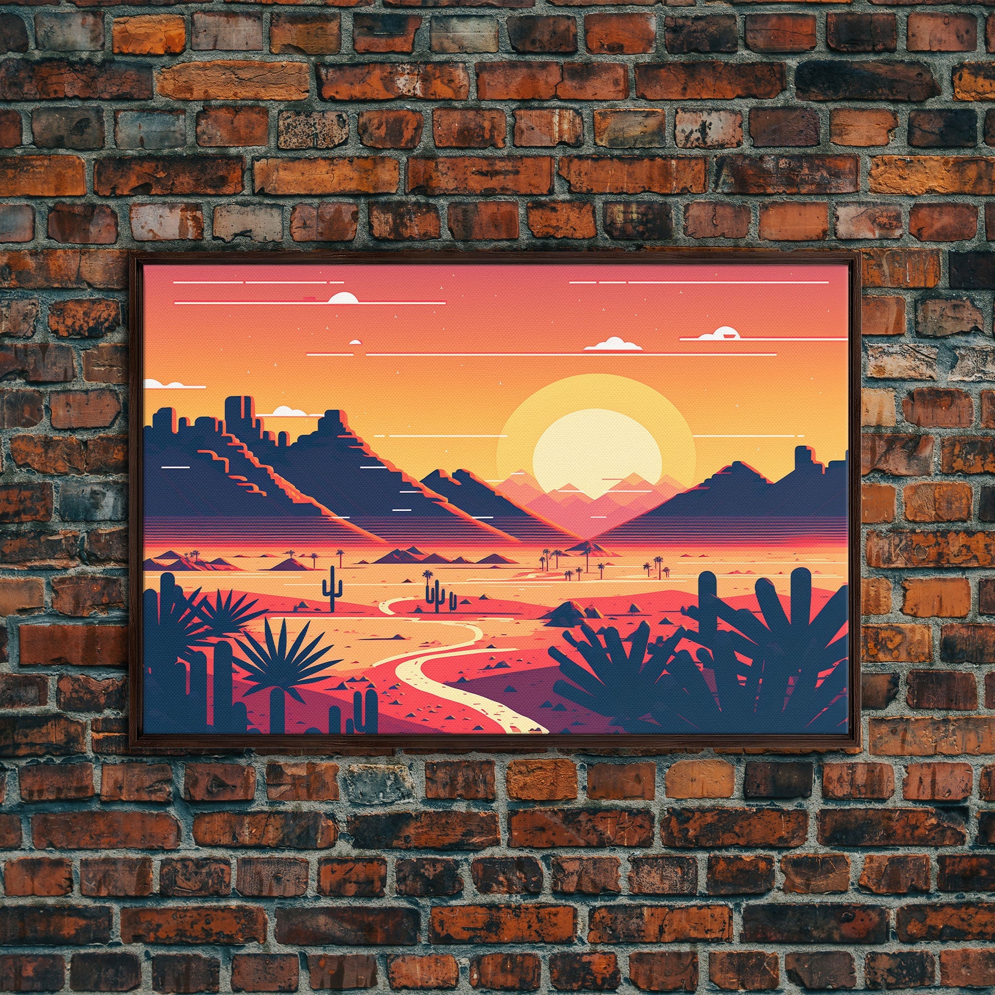 Art Deco Style Desert Landscape Art, Framed Canvas Print, Unique