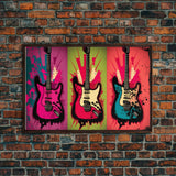 Electric Guitar Pop Art, Instrument Drawings, Framed Canvas Print, Pop Art, Graffiti Splatter Art, Large Living Room Wall Decorr
