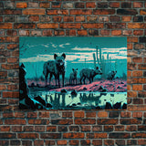 Hyenas at midnight, turquoise vaporwave art, framed canvas print