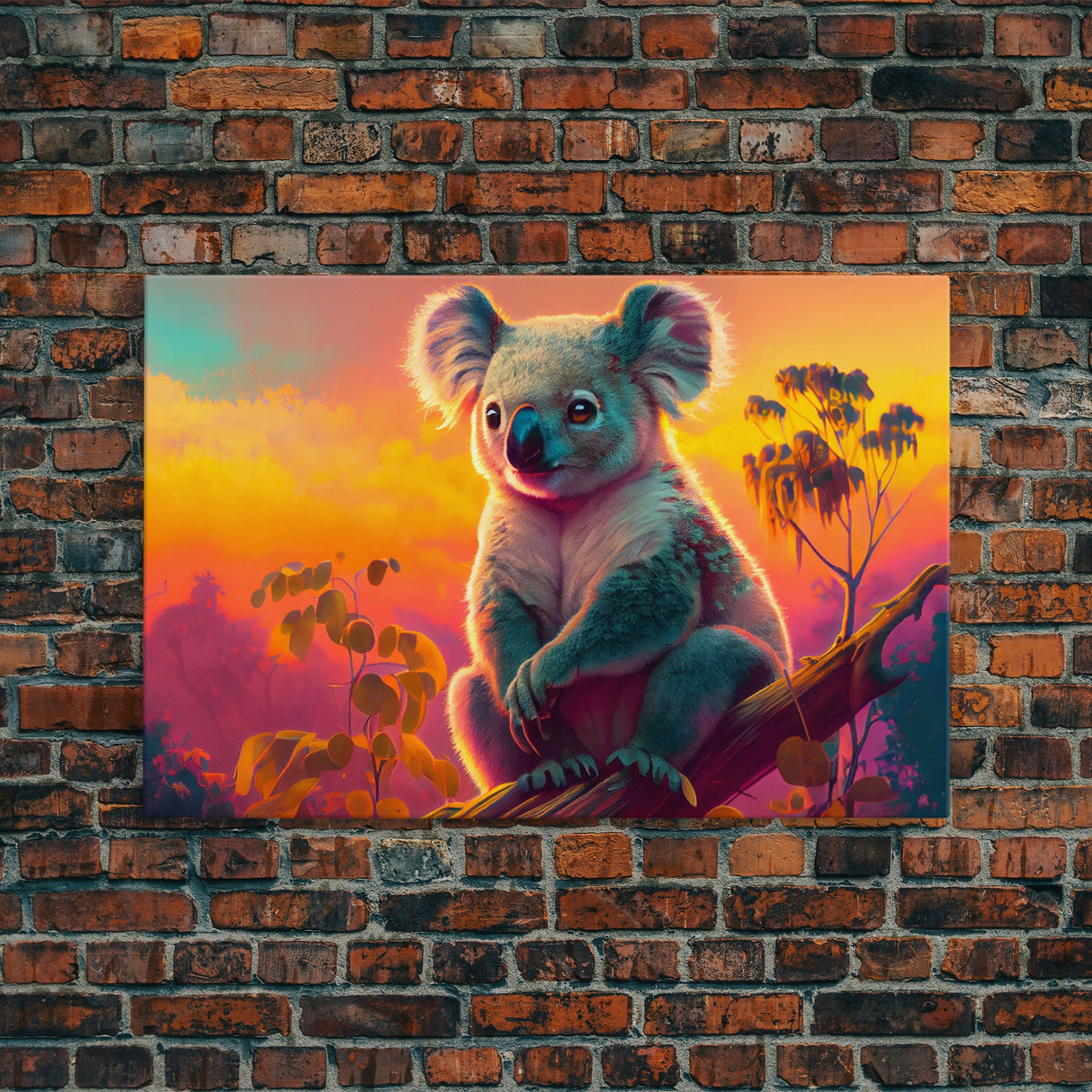 Cute Koala bear at sunset, vaporwave animal art, framed canvas print, framed wall art, ready to hang, synthwave art
