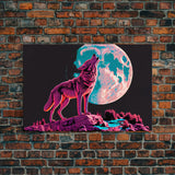Howl at the moon, wolf art, framed canvas print, synthwave / vaporwave art