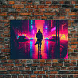 Cyberpunk bounty hunter art, vaporwave synthwave dystopian cityscape, framed canvas print