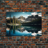 Reflections on a winter lake, watercolor landscape art, framed canvas print, pine tree winter forest
