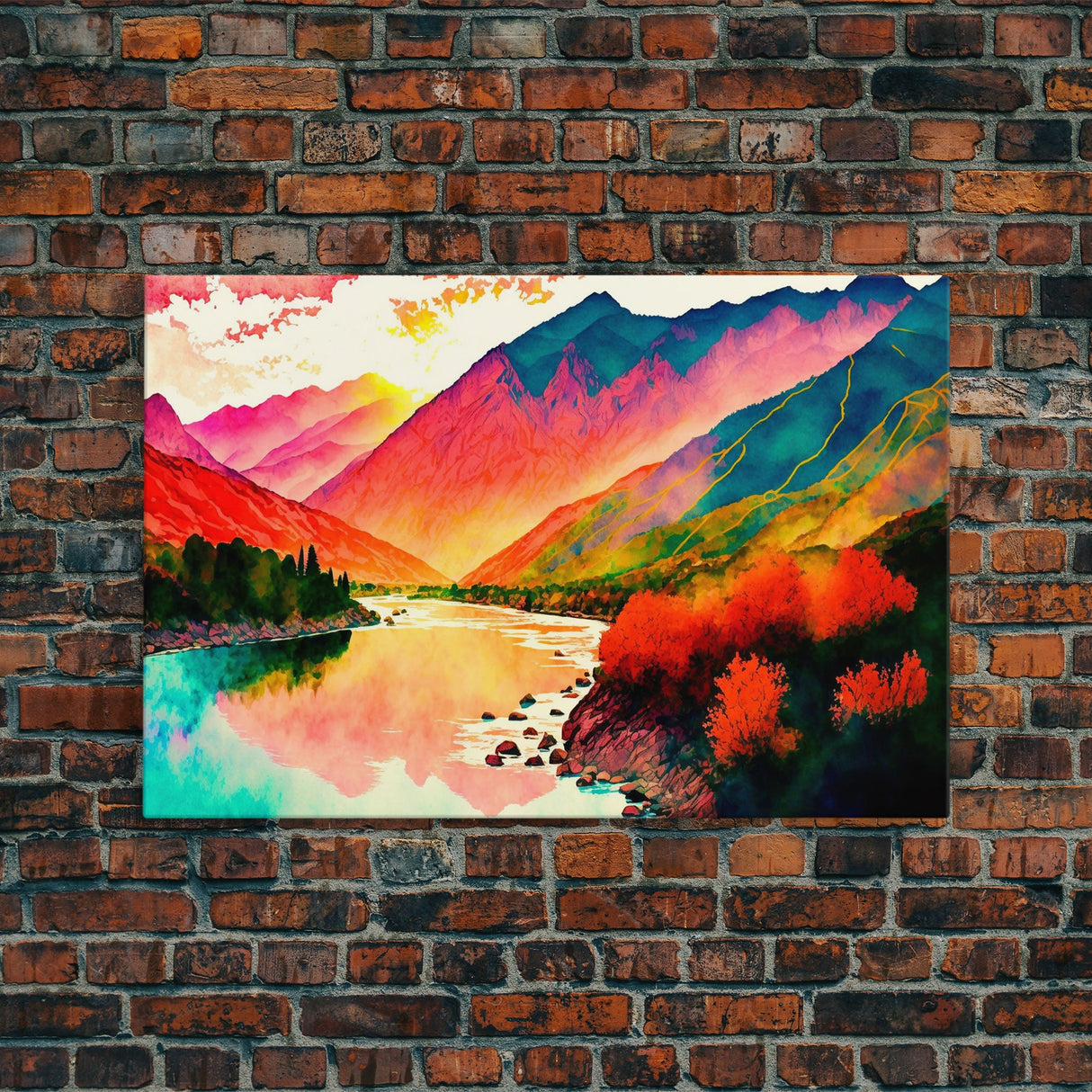 Watercolor Landscape, Rainbow Landscape Art, Framed Canvas Print, Unique Primitive Style Landscape Decor