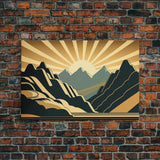 Art Deco Style Mountain landscape at Sunset, Framed Canvas Print, Large Format Wall Art, Huge Wall Decor