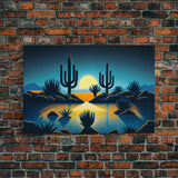 Retro Art Deco Style Pueblo Desert Art, Cactus Desert Landscape under a Full Moon, Framed Canvas Print, Cute Western Decor