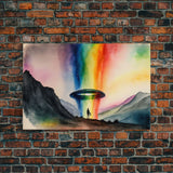 The Abduction, Rainbow UFO Art, Watercolor, Framed Canvas Print, Science Fiction Wall Decor