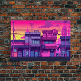 Neighborhood Wall Art - Framed Canvas Print - Original painting - Pop Art Style - Colorful painting - Synthwave Style - Pink colors