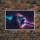 Cosmic Roar, lion roaring at the stars, synthwave galaxy and lion art, framed canvas print, unique framed wall art