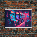 Synthwave Game Room Art, Neon retro 90s arcade room wall art, framed canvas print