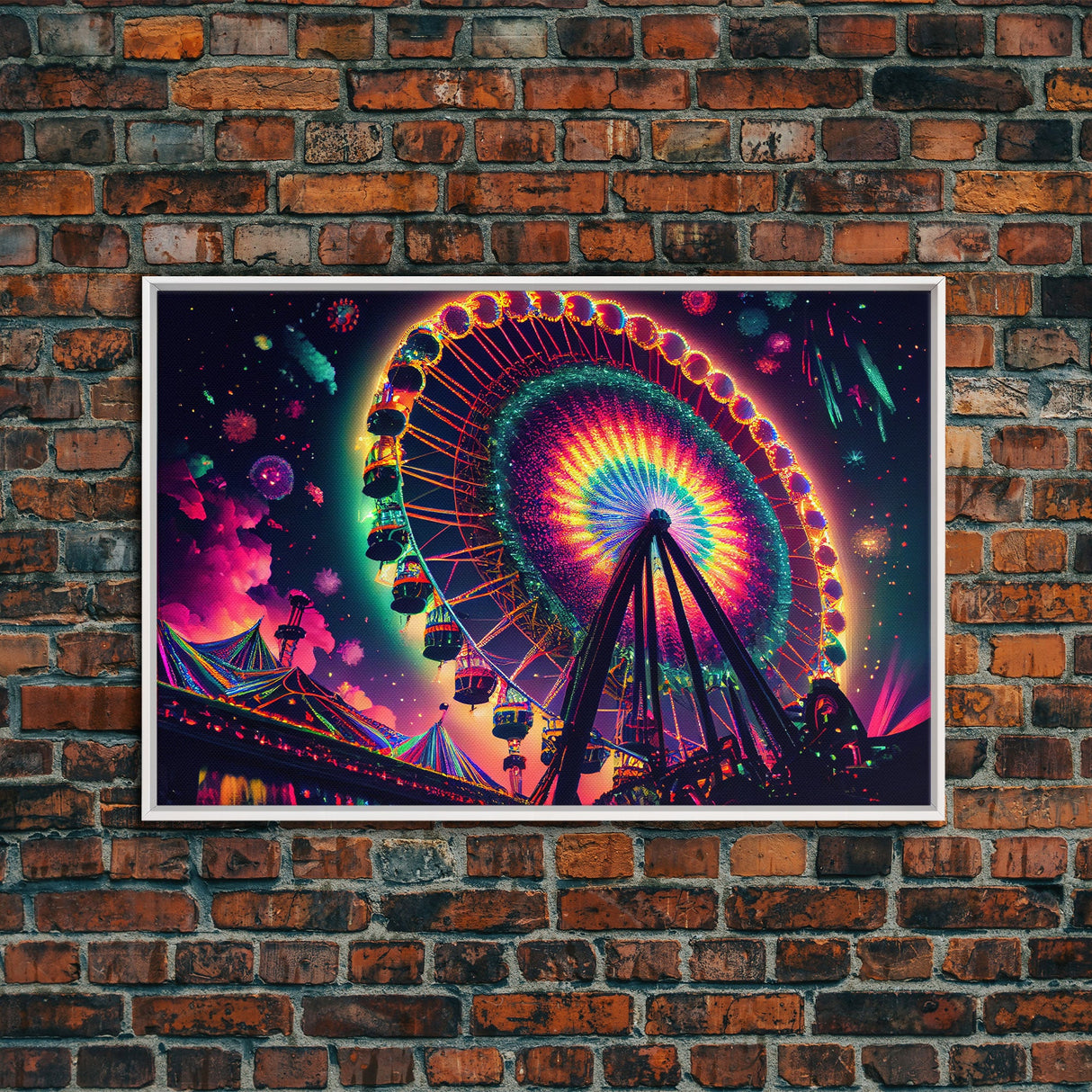 Colorful boardwalk art, neon lit night time ferris wheel, framed canvas print, framed wall art