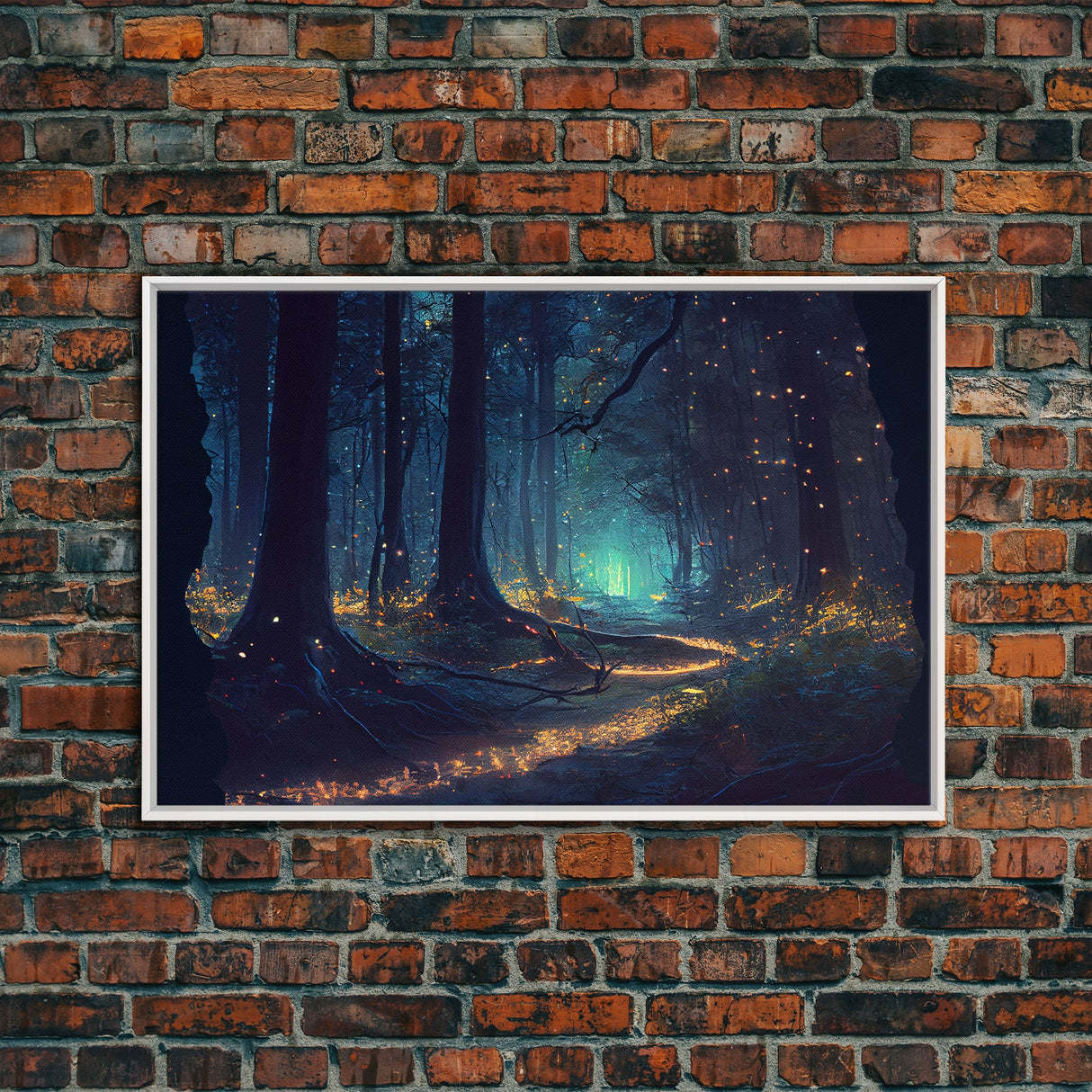 The magical enchanted forest is lit brightly with fireflies at night, framed canvas print, fantasy art