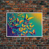 Synthwave Tangerine butterflies, beautiful butterfly art, framed canvas print, framed wall art