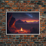Watercolor of a prehistoric campfire, primitive art, framed canvas print