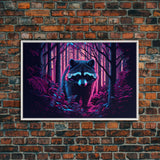 Cute racoon in the forest, vaporwave aesthetic animal art, framed canvas print, colorful animal art