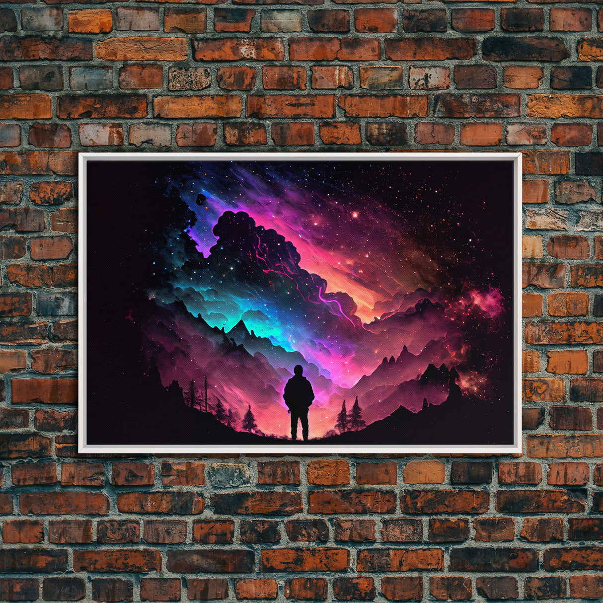 Contemplating the Universe, retro style space art, framed canvas print, synthwave space decor