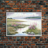 Pink flower landscape art, beautiful nature watercolor painting canvas print, Framed Canvas Print, Wall decoration, living room wall art