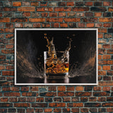 Whiskey Wall Décor, Ice falling into a glass of whiskey, modern / contemporary bar wall art, framed canvas print